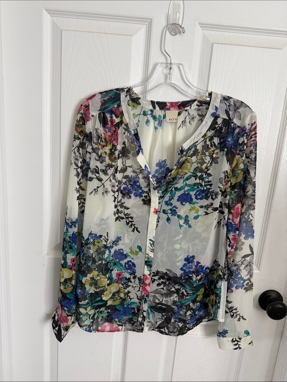 ecru Sheer Floral Button-Down Blouse - White with Blue, Pink, Yellow & Green